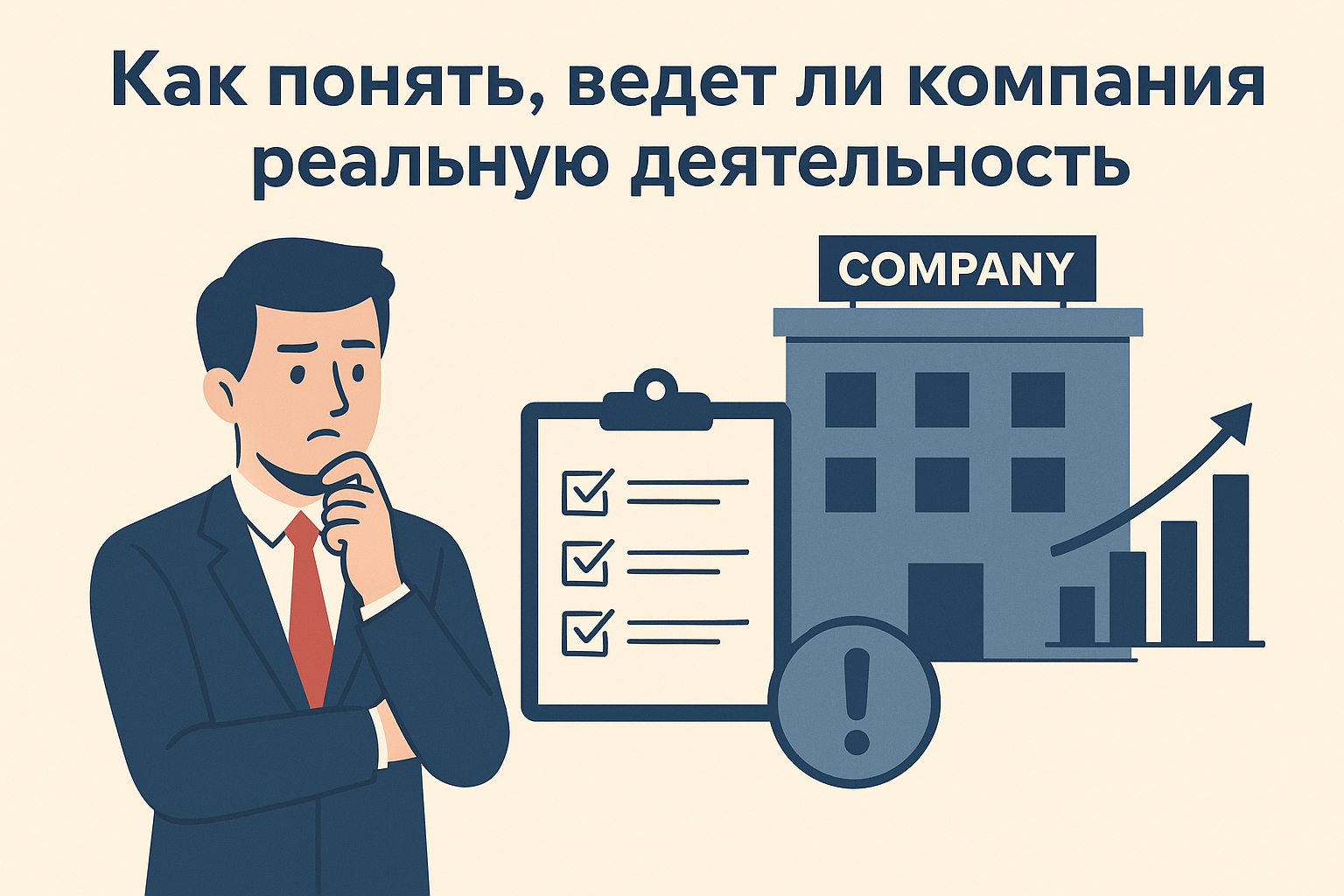 Инфографика: задумчивый мужчина в костюме анализирует деятельность компании; рядом — здание офиса, чек-лист с отметками, значок предупреждения и график роста, иллюстрирующие проверку реальности работы компании.